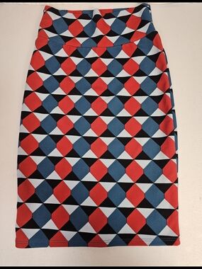 LuLaRoe Geometric Pencil Skirt in Red, Blue & Black